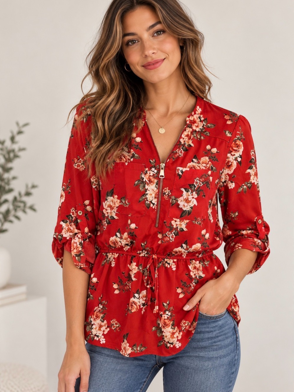 Stella Tweed Red Floral Utility Blouse Zip Front Drawstring Long Sleeve Top